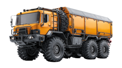 3D render of off-road construction truck with rugged tires isolated on a Transparent background, PNG file.