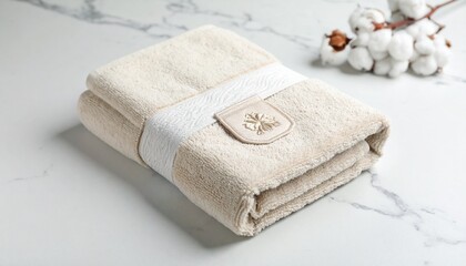 Beige Folded Towel with Embroidered Patch on Marble Background
