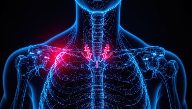 Detailed anatomical illustration of the shoulder and clavicle.