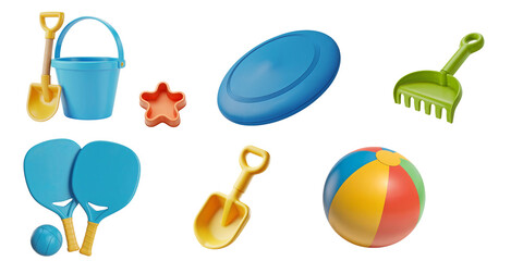 Colorful kids beach toy set with shovel, bucket, rake, frisbee, paddle ball, and mold on transparent background, summer vacation concept for children playtime and outdoor activity scenes