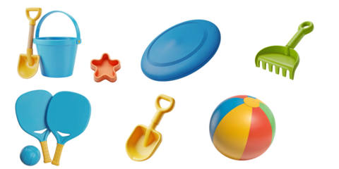 Colorful kids beach toy set with shovel, bucket, rake, frisbee, paddle ball, and mold on transparent background, summer vacation concept for children playtime and outdoor activity scenes