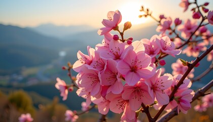 Elegant Sakura Bouquet with Serene Landscape Backdrop