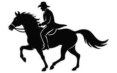 Silhouette of a cowboy riding a horse, dramatic, western style, vector art.