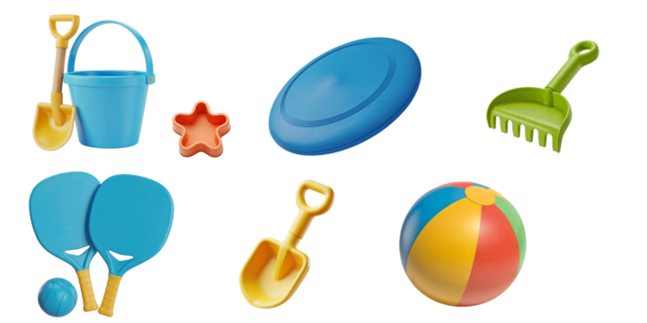 Colorful kids beach toy set with shovel, bucket, rake, frisbee, paddle ball, and mold on transparent background, summer vacation concept for children playtime and outdoor activity scenes