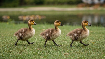 Obraz premium Group of young goslings sprinting through the greenery