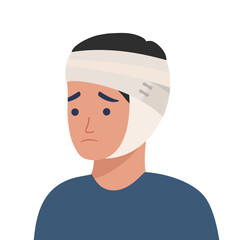 An asian man with bandages over his head. Sad man with a bandaged head in the medical office. Young wounded man in the hospital. Vector flat design illustration. Horizontal layout