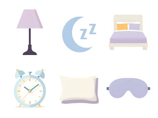 Flat design icons representing sleep essentials like a lamp, moon, bed, alarm clock, pillow, and eye mask.