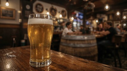 Mug of bright beer inside a low-lit pub
