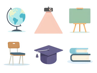 Flat design icons of various school supplies, including a globe, projector, chalkboard, chair, graduation cap, and books.