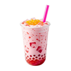 Photo of a refreshing strawberry bubble tea with tapioca pearls and fruit chunks, served in a clear plastic cup with a pink straw, isolated on a transparent background