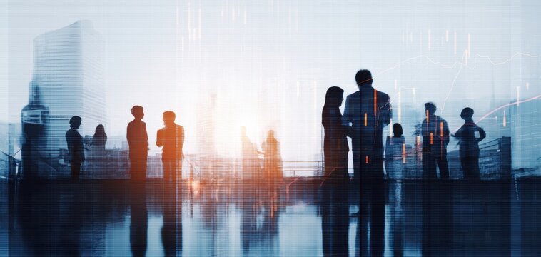 The silhouettes of business professionals collaborating in a modern urban setting. - Powered by Adobe