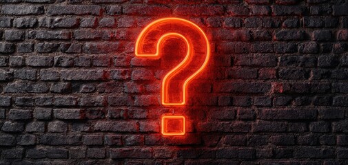 The neon question mark glowing on a textured brick wall.
