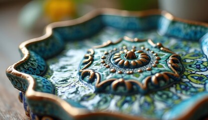 Close-up of a decorative ceramic plate with intricate oriental patterns in blue and gold. Perfect for themes of craftsmanship, culture, design, or home decor