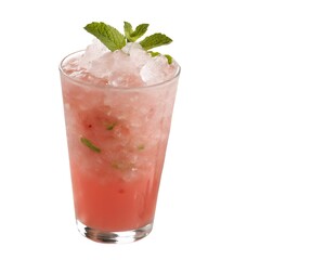 Whole watermelon mint cooler shake with crushed ice and fresh mint on white background