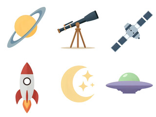 Flat icons depicting various space exploration and astronomy related objects.