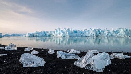 Melting icebergs in a glacial lagoon with clear blue ice formations reflecting in calm water against a rocky black shoreline.