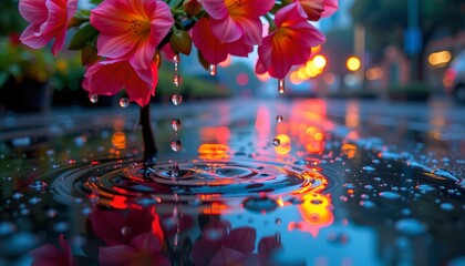 Vibrant Flowers and Raindrops Neon Harmony