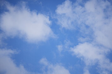 Bright blue sky with soft white clouds scattered across a clear day, evoking a sense of peace and natural freshness