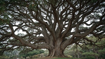 Fototapeta premium Enormous pine tree featuring large, curled and crinkled branches overhead
