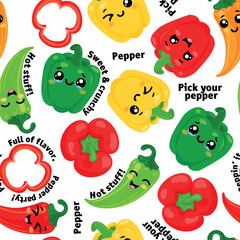 Obraz premium Seamless Pattern with Cute Bell and Chili Peppers on White Background