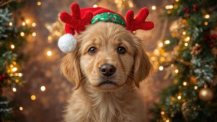Playful image of a sweet puppy in a deer antler costume near festive holiday ornaments