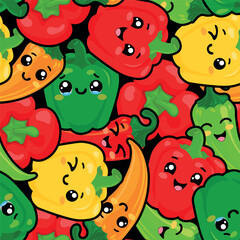 Fototapeta premium Seamless Pattern with Cute Bell and Chili Peppers on Black Background