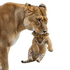 Obraz premium Lioness carrying her cub in her mouth