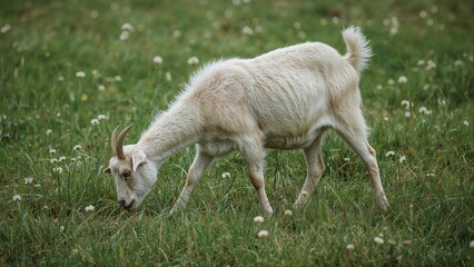Obraz premium Grazing goat strolling over vibrant green grass, natural farm scene