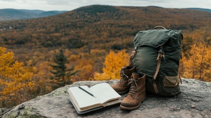 Hiking gear on rocky outcrop