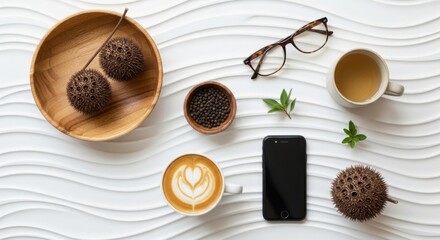 A curated flat lay featuring coffee tea and natural elements on a textured background