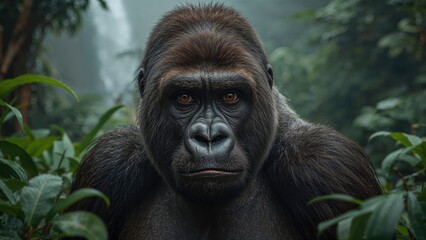 Fototapeta premium Endangered great ape surrounded by rich jungle wilderness