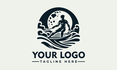 Silhouette of a man wakeboarding on waves, with a moon in the background, inside a circular emblem.