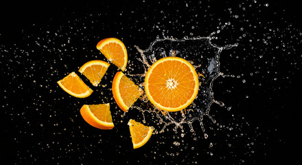Sliced orange fruit with water splashing around it, set against a stark black background.