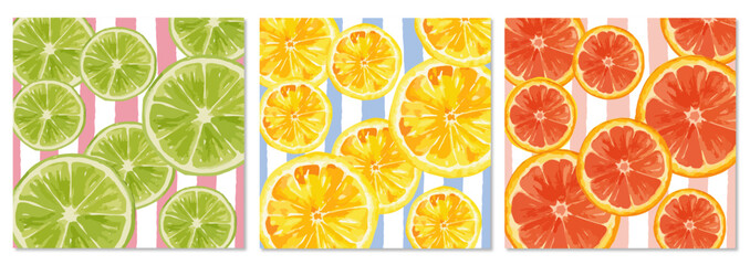 SET OF 3 CITRUS VECTOR PATTERNS - SUMMER PATTERN OF YELLOW LEMON, LIME, GRAPEFRUIT WITH COLORFULL STRIPES