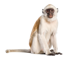 A young primate with light fur and a dark face sits calmly, observing its surroundings.