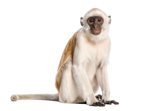 A young primate with light fur and a dark face sits calmly, observing its surroundings.