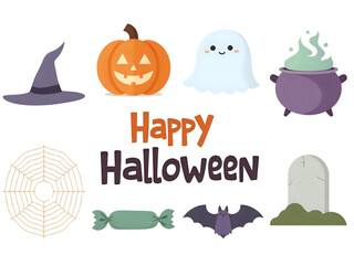 Cute Halloween cartoon icons: pumpkin, ghost, witch hat, spiderweb, candy, bat, cauldron, and tombstone.