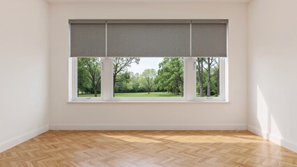 Spacious empty room featuring wooden flooring and a big window with roller blinds, offering park views
