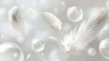 White floating feathers and sparkling bubbles over pure white background with transparent textures, cyberpunk aesthetic, delicate anime style and complex details in soft light