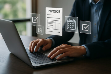 Businessman typing on laptop with floating invoice and checklist icons for business accounting and payment management showing financial organization and workflow tracking