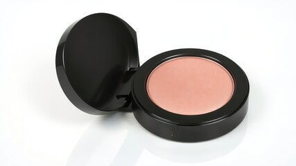 Black compact with a powder cosmetic in a soft peach tone, displayed on a clean, brilliant white backdrop