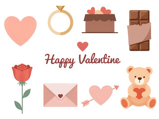 Valentine's Day icons: heart, ring, cake, chocolate, rose, teddy bear, and love letter.