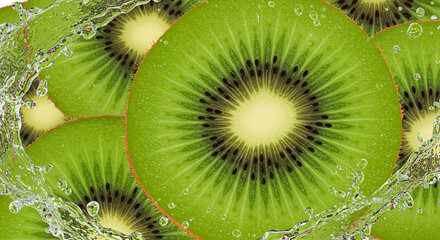 Sliced kiwi fruit with water droplets and splash, creating a refreshing and vibrant image.