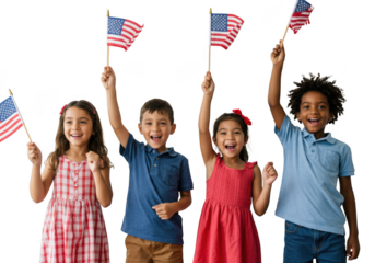 Group of children waving american flags isolated on transparent background