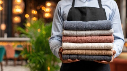 Hospitality worker holding stack of towels, maintaining clean and inviting atmosphere