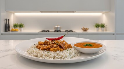 Curried eggplant with cashews topped with red chili, served alongside basmati rice