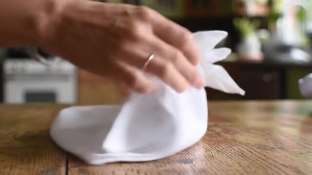 Napkin folding. Hands fold a white cloth napkin atop a wooden table. A wedding ring adorns one finger. Soft, natural light