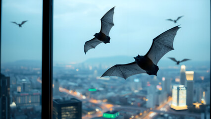 Hologram bats flying over smart city