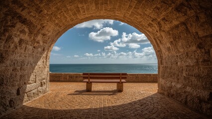 Fototapeta premium A heartbreaking moment of relaxation by a luxurious sea having a bench with a background of mountain and cloud