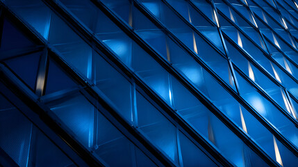 Modern building exterior showing repetitive geometric pattern reflecting blue light